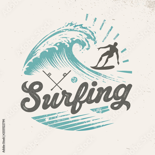 Photography vintage surfing illustration with wave and surfer silhouette