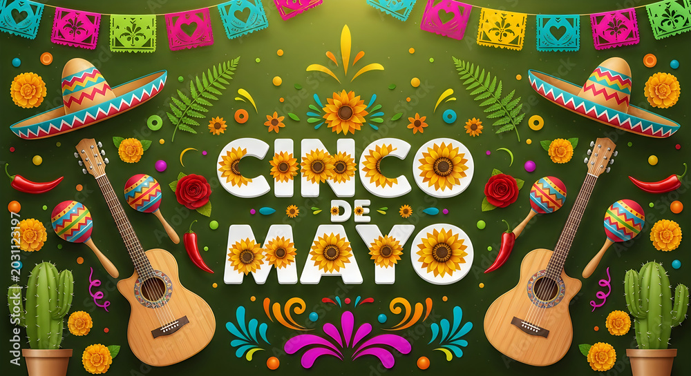 Naklejka premium Cinco de mayo celebration graphic with musical instruments cacti and festive decorations