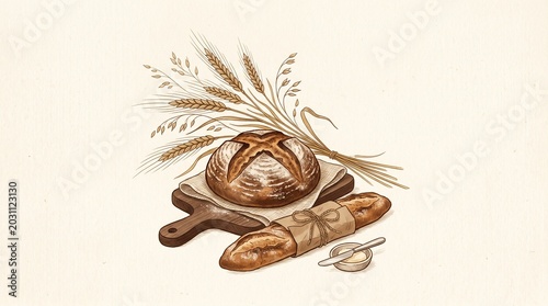 Rustic illustration of freshly baked artisan bread, a baguette, wheat stalks, and butter on a wooden board, evoking a traditional bakery scene.