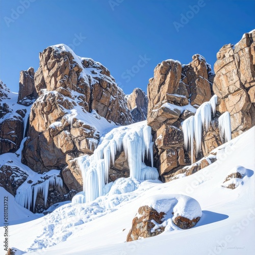 Majestic icy formations drip down rugged, snow-dusted mountains under a clear blue sky