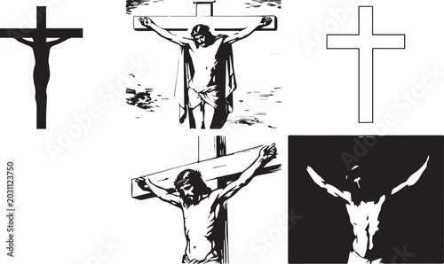 Canvastavla Crucifixion of Jesus Christ with Christian cross silhouettes religious vector il