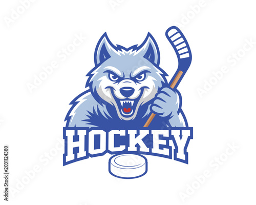 Photography Angry Wolf Hockey Mascot Logo Design – Ice Sports Team Vector Illustration