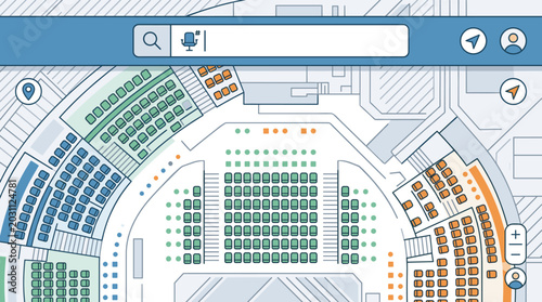 Top view of a digital seating chart for a stadium or theater venue with search bar and navigation icons on a user interface map