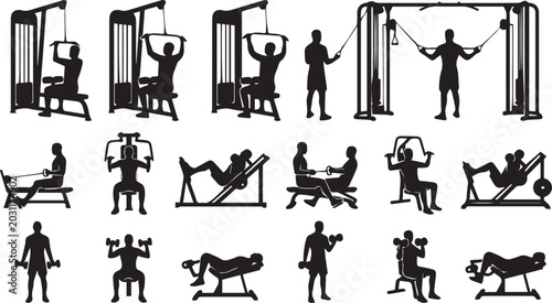 Canvastavla Gym workout machine silhouette collection featuring fitness training exercises b
