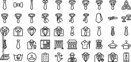 Tie Knots and Necktie Accessories Minimal Line Icons Collection – Menswear Outline Vector Set