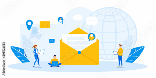 email illustration with people and globe in memphis style
