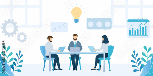 team meeting illustration with laptops and business icons