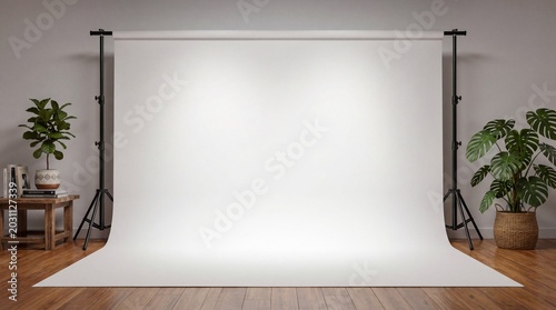 A professional photography studio set with a blank white backdrop, wooden floor, and decorative indoor plants on both sides for a modern, clean look.