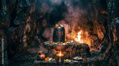 Sacred Shiva lingam altar inside mystical cave sanctuary with fire