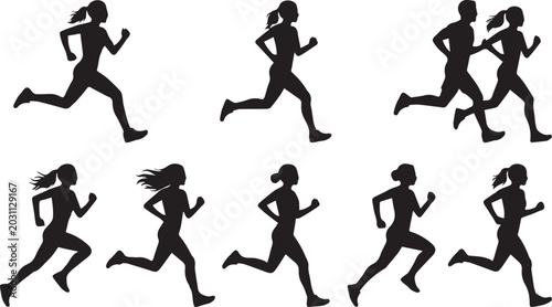 Tableau sur toile Running athlete silhouette collection featuring male and female joggers in dynam
