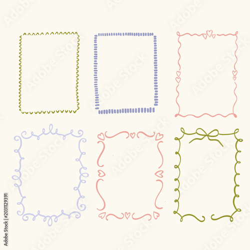 Cute hand drawn vector frames collection with decorative doodle borders and ornamental elements
