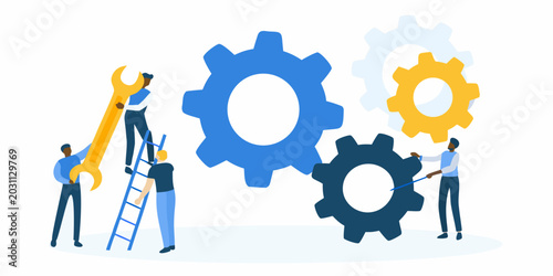 team working on gears illustration with colorful tools