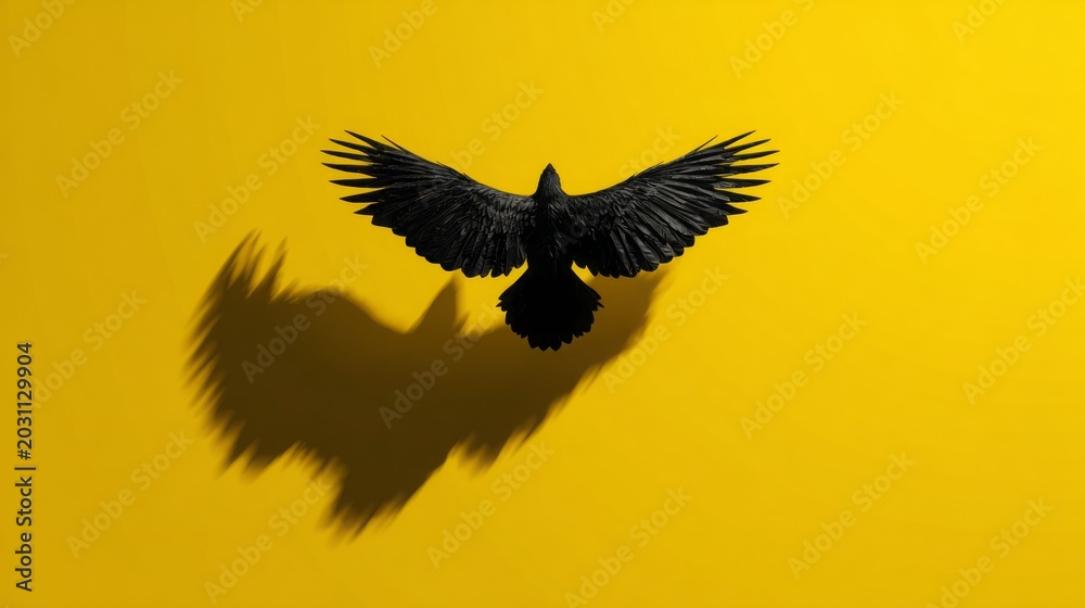 Fototapeta premium Majestic Black Bird in Flight Against Yellow Background