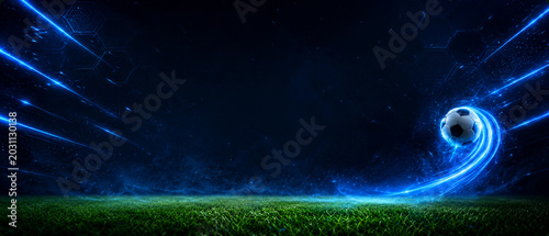 Futuristic Soccer Ball with Electric Blue Motion Trail and Hexagon Background