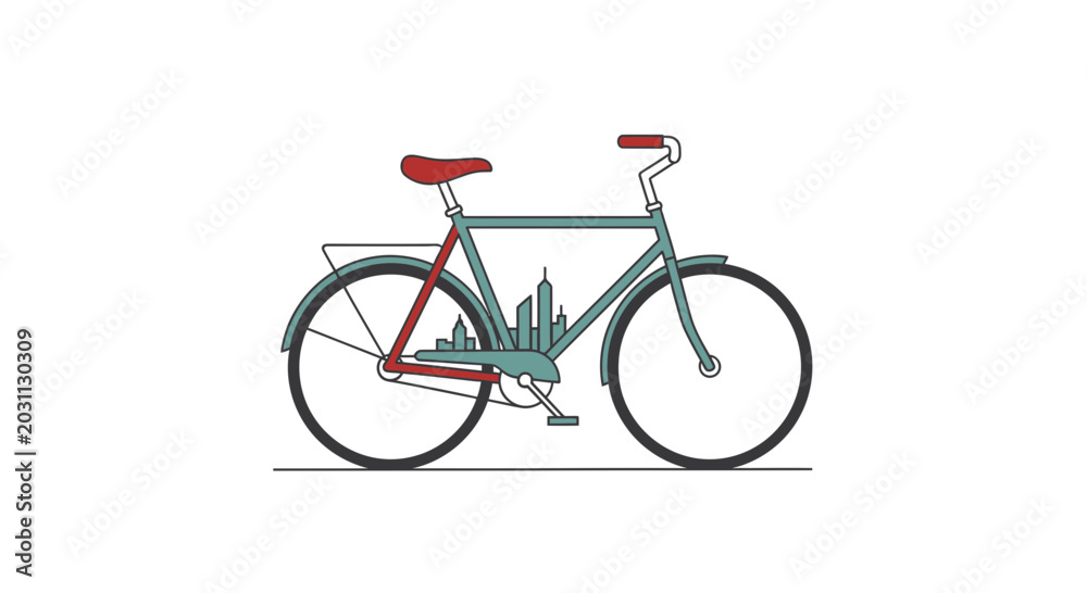 Fototapeta premium Urban Bicycle with City Skyline Silhouette Integrated into Frame