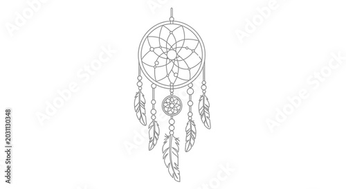 Tableau sur toile Dreamcatcher Outline Drawing with Feathers and Beads