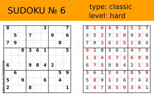 Photos Classic hard sudoku worksheet number six with puzzle grid solution panel orange