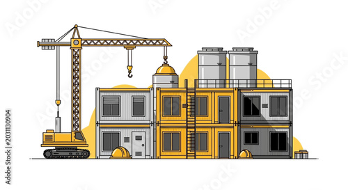 Modern Construction Site Illustration Featuring Crane and Modular Buildings Development