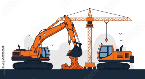 Modern Construction Site Illustration Featuring Excavators, Crane and Earth Moving Activity