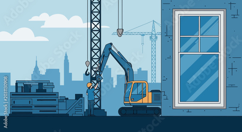 Modern Construction Site Illustration Featuring Excavator, Worker, and Urban Elements