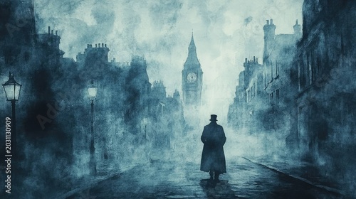 Moody watercolor Victorian street with clock tower