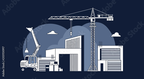 Modern Construction Site Illustration with Crane, Abstract Buildings, And Sky Graphic in Blue Tone
