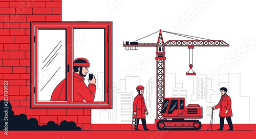 Modern Construction Site Illustration Featuring Worker And Crane With Minimalist Red Tones