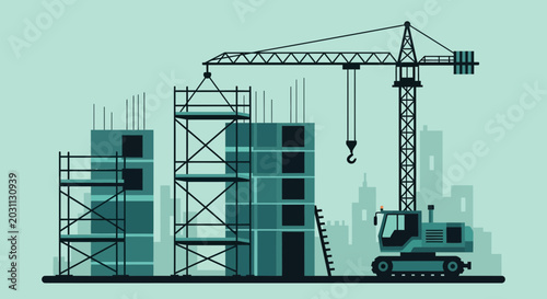 Modern Construction Site Illustration with Crane, Scaffolding, and City Silhouette