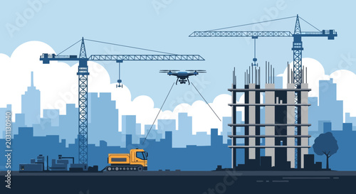 Modern Construction Site in a Metropolis, Drone Surveying New Building, Day Scene