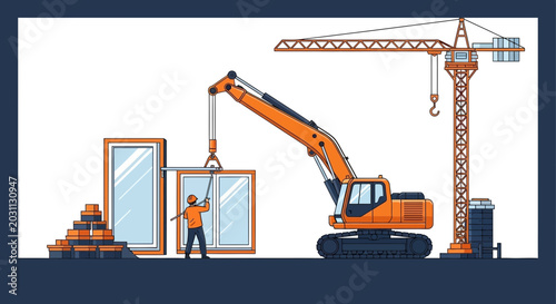 Modern Construction Site in Action With Crane and Excavator, New Building Creation