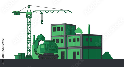 Modern Construction Site in Green Tones: Building with Crane and Containers Concept