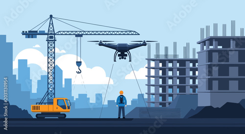 Modern Construction Site in a City Using Drone Technology for Development