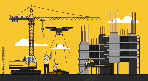 Modern Construction Site Illustration Featuring Drone Inspection and Crane Operation
