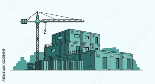 Modern Construction Site in Progress Featuring a Crane and Modular Buildings