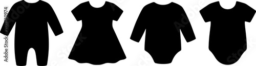 Black silhouettes of baby clothes: onesie dress bodysuits with silhouette