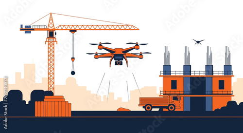 Modern Construction Site in Progress Featuring a Drone and Crane for Future Projects