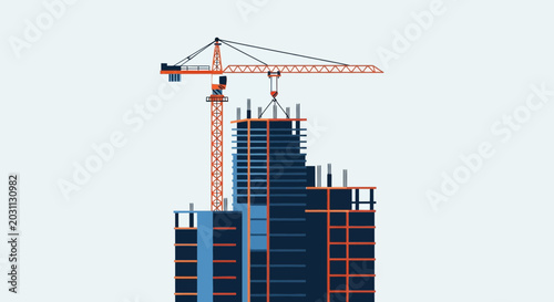Modern Construction Site in Progress Featuring a Tower Crane and High-Rise Building