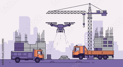 Modern Construction Site in Progress Featuring Drone Technology and Heavy Machinery.