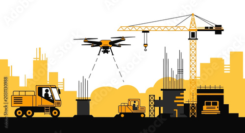 Modern Construction Site in Progress Featuring Drones, Vehicles, and Infrastructure Elements