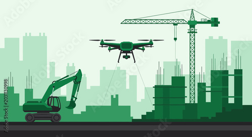 Modern Construction Site in Progress Featuring Excavator and Drone Technology Collaboration