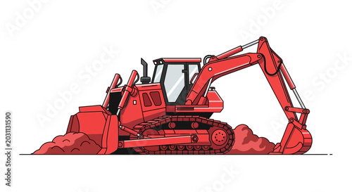 Red Excavator Operating On Construction Site Cartoon-Style Illustration Against White Background
