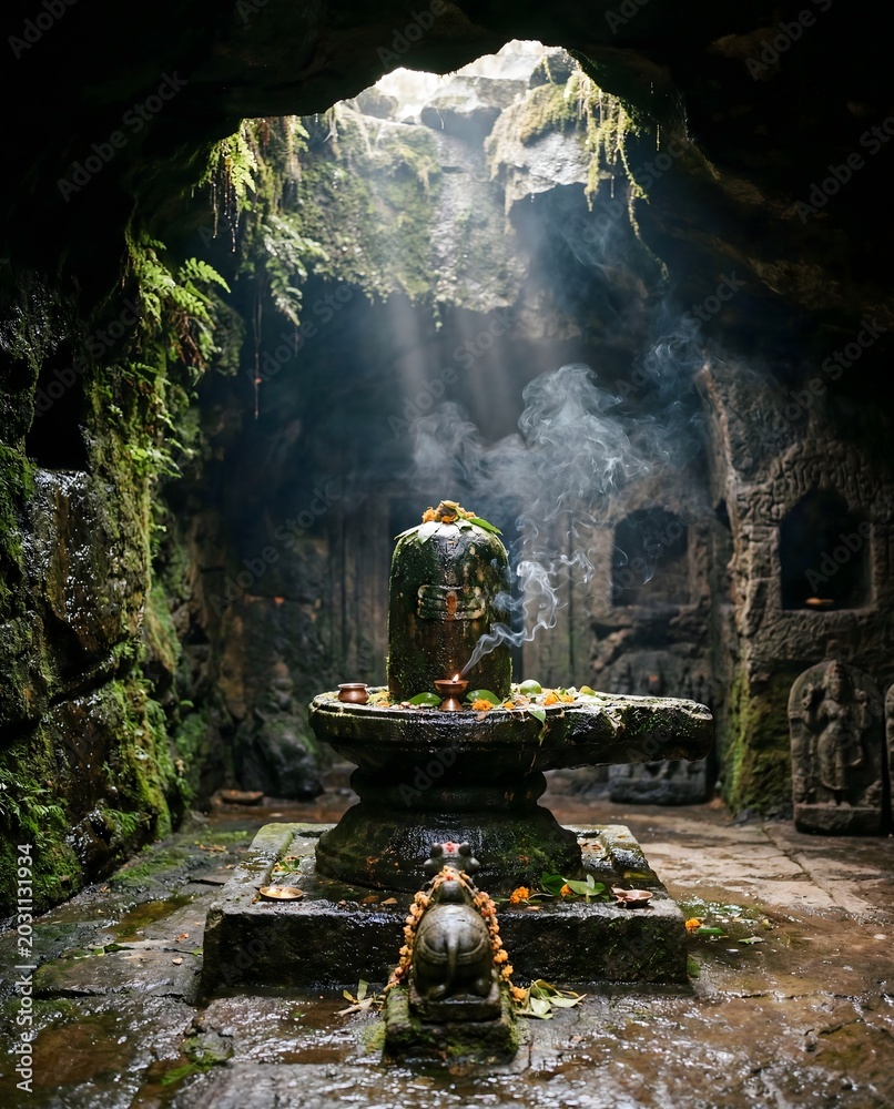 Obraz premium Ancient Shiva lingam inside sacred moss cave with smoke
