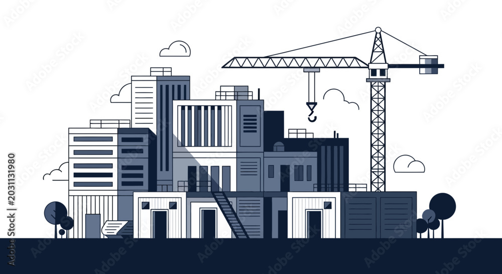 Obraz premium Urban Construction Illustration Featuring Buildings And A Crane In Modern Monochromatic Style
