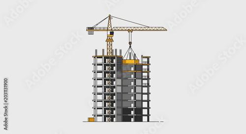 Towering Construction Illustration: Building a Modern Skyscraper From Ground Up With Crane