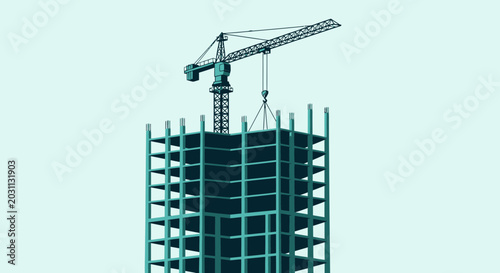 Tower Crane Constructing Modern High-Rise Building Against a Plain Light Green Background