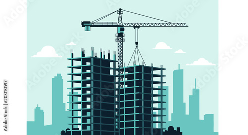 Towering Construction Of New Buildings With Crane Against City Skyline In Illustration