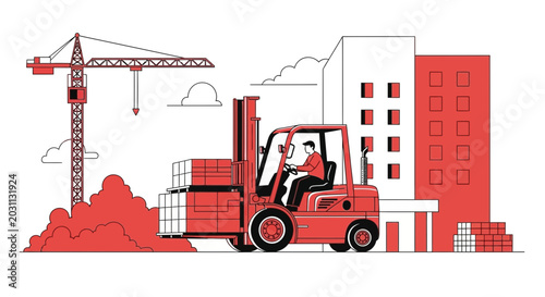 Transportation And Construction Workers With Buildings, Crane, And Heavy Machinery In Action.