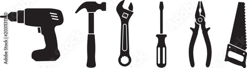 Hand tools silhouettes set, black vector collection with drill, hammer, wrench, screwdriver, pliers and saw, industrial repair equipment isolated on white background