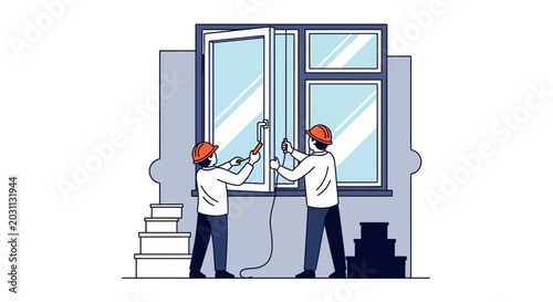 Two Construction Workers Are Installing a Window, Working Together to Finish the Job