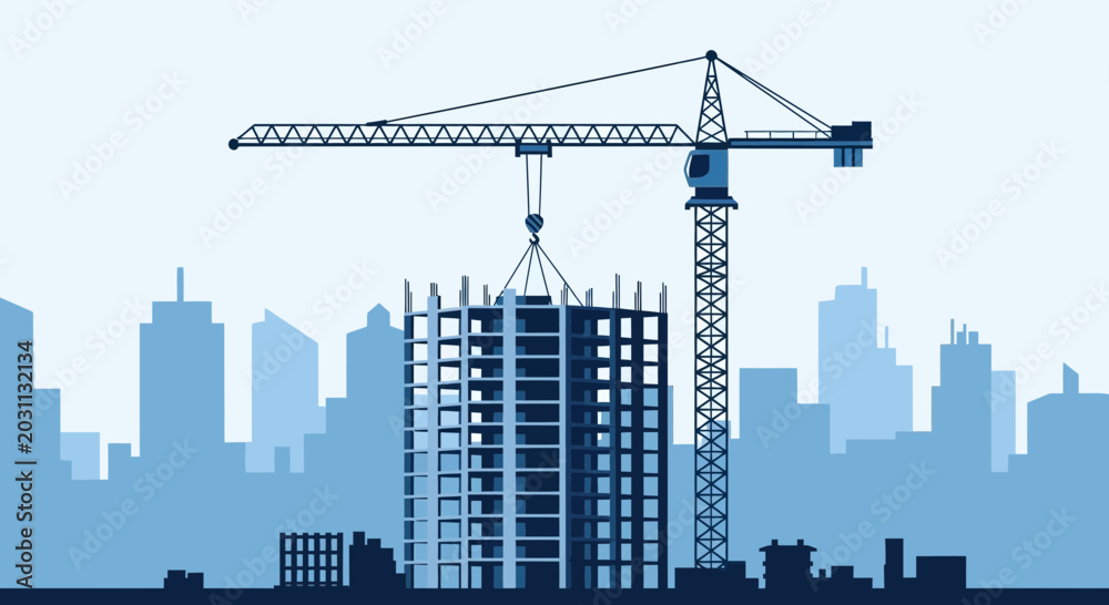 Obraz premium Urban Construction Site: Crane Building a Modern Skyscraper in a Cityscape Under Construction